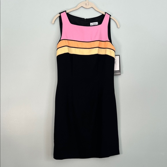 New Vintage Sleeveless Short Black Dress Pink, Orange and Yellow Color Block 8 - Picture 2 of 8